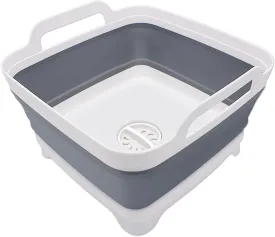 2.4 Gal(9L) Collapsible Dish Basin with Drain Plug, Space Saving Outdoor Multiuse Foldable Sink Tub, Dishpan, Kitchen Storage Tray for Camping, Vegetable Washing, RV (Gray)