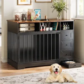 48 Inch Dog Crate Furniture, Farmhouse Dog Kennel with Bowl & Storage Drawers, Heavy Duty Pet Crate Table for Medium Small Dogs for Living Room, Entryway, Black