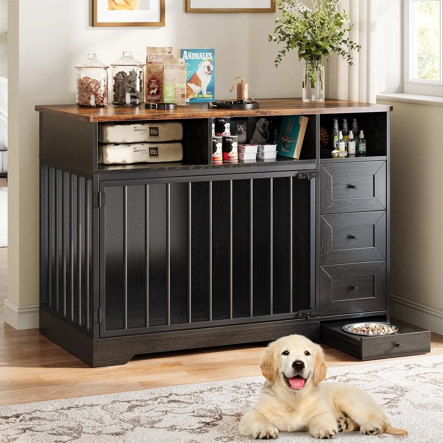 48 Inch Dog Crate Furniture, Farmhouse Dog Kennel with Bowl & Storage Drawers, Heavy Duty Pet Crate Table for Medium Small Dogs for Living Room, Entryway, Black