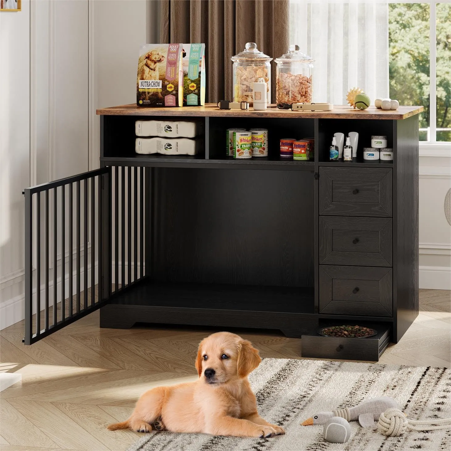 48 Inch Dog Crate Furniture, Farmhouse Dog Kennel with Bowl & Storage Drawers, Heavy Duty Pet Crate Table for Medium Small Dogs for Living Room, Entryway, Black