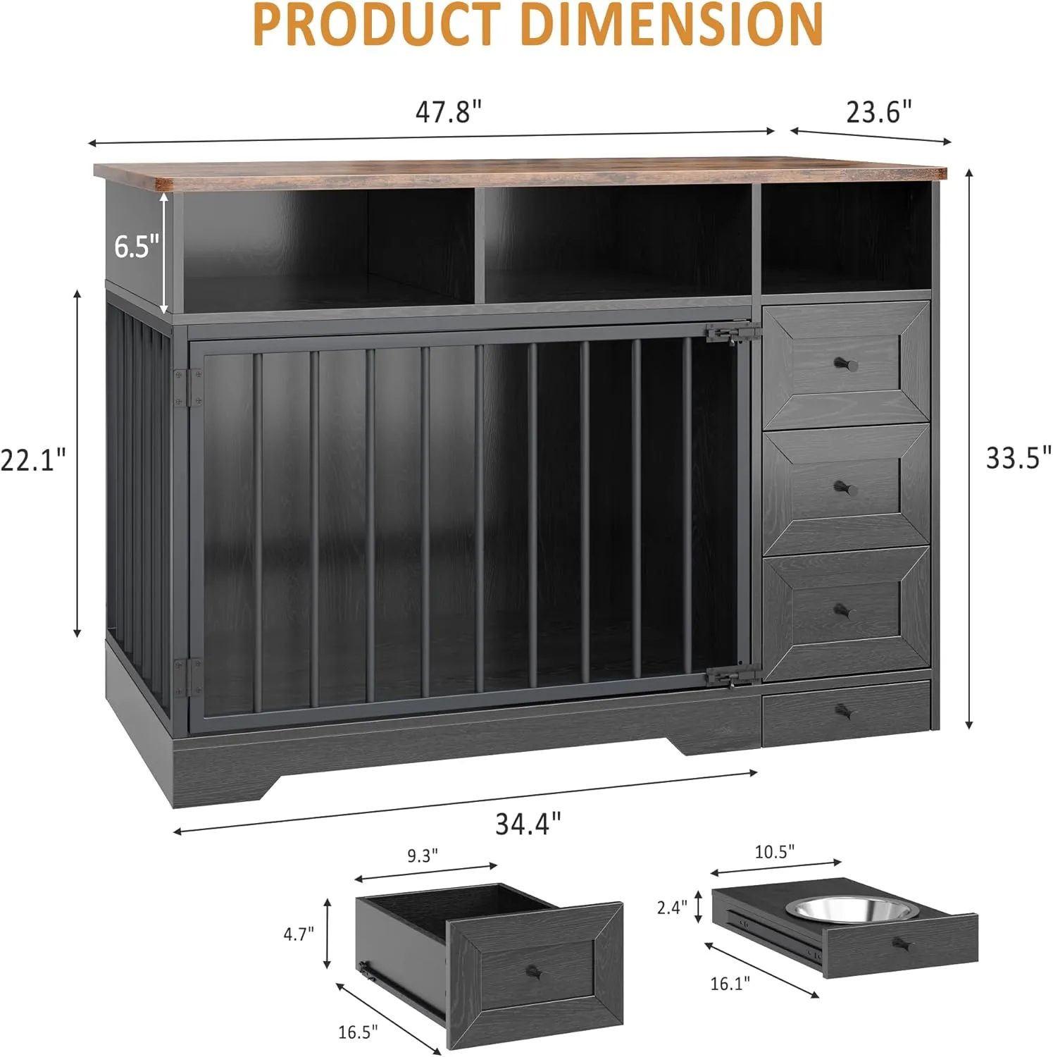 48 Inch Dog Crate Furniture, Farmhouse Dog Kennel with Bowl & Storage Drawers, Heavy Duty Pet Crate Table for Medium Small Dogs for Living Room, Entryway, Black
