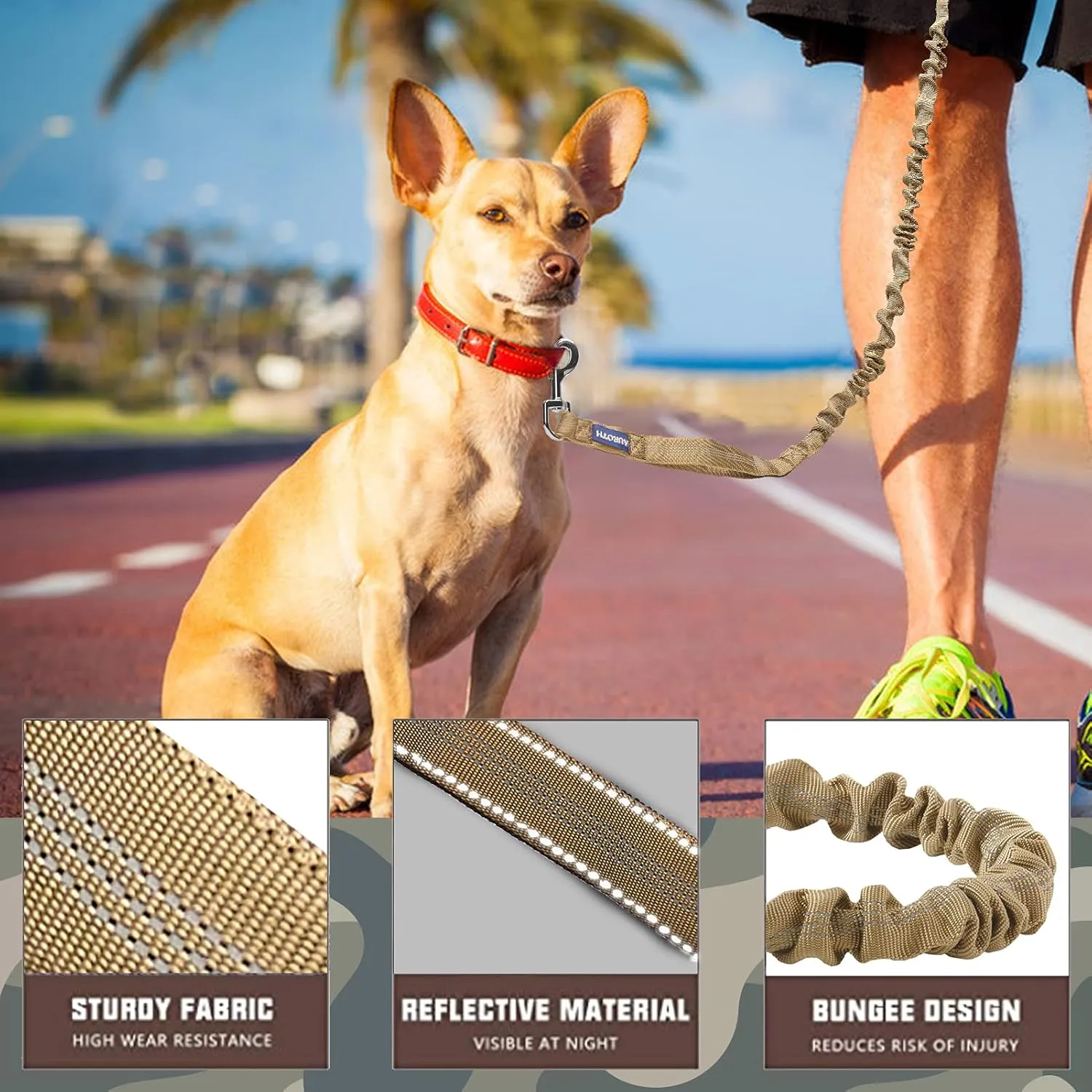 AUROTH Dog Leash Large Dogs, Heavy Duty Dog Leash Bungee, No Pull Dog Leash for Shock Absorption, Army Yellow Dog Training Leashes for Medium Large Breed Dogs 6FT, 2 Padded Handles