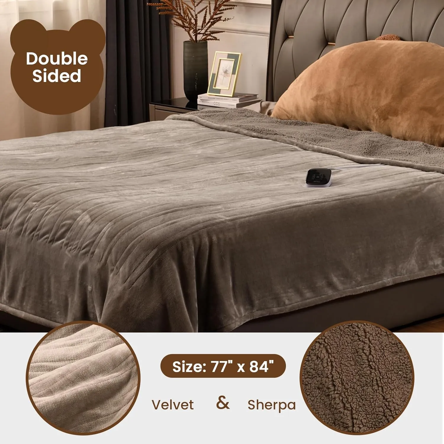 Bearhug Electric Blanket Full Size 77" x 84", Velvet & Sherpa Heated Blanket, 10 Heating Levels & 1-12H Auto Off, Over-Heat Protect, ETL, Machine Washable