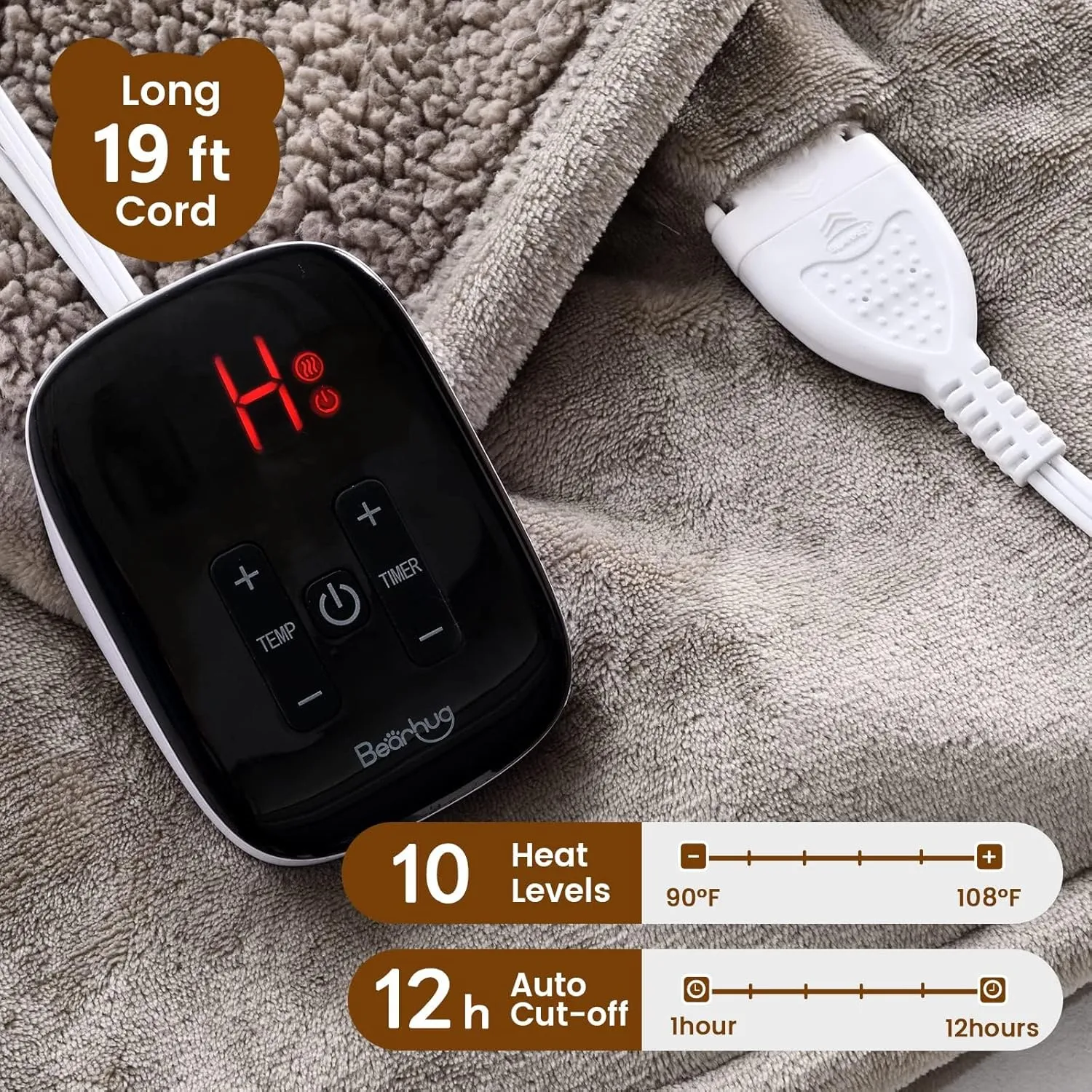 Bearhug Electric Blanket Full Size 77" x 84", Velvet & Sherpa Heated Blanket, 10 Heating Levels & 1-12H Auto Off, Over-Heat Protect, ETL, Machine Washable