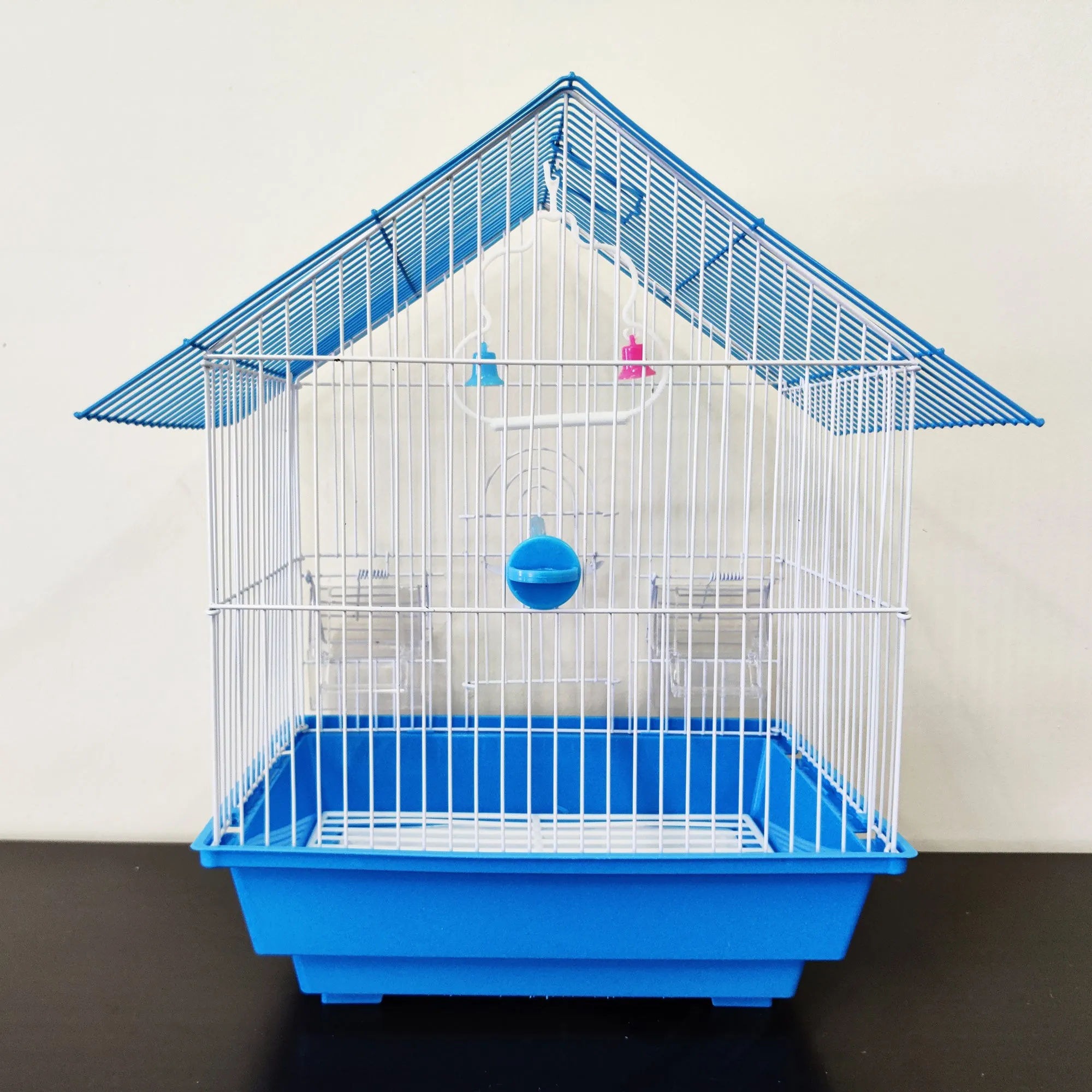 Bird Cage Small Medium Metal Frame Angled Roof Blue 29.5cm x 22.3cm x 38.5cm