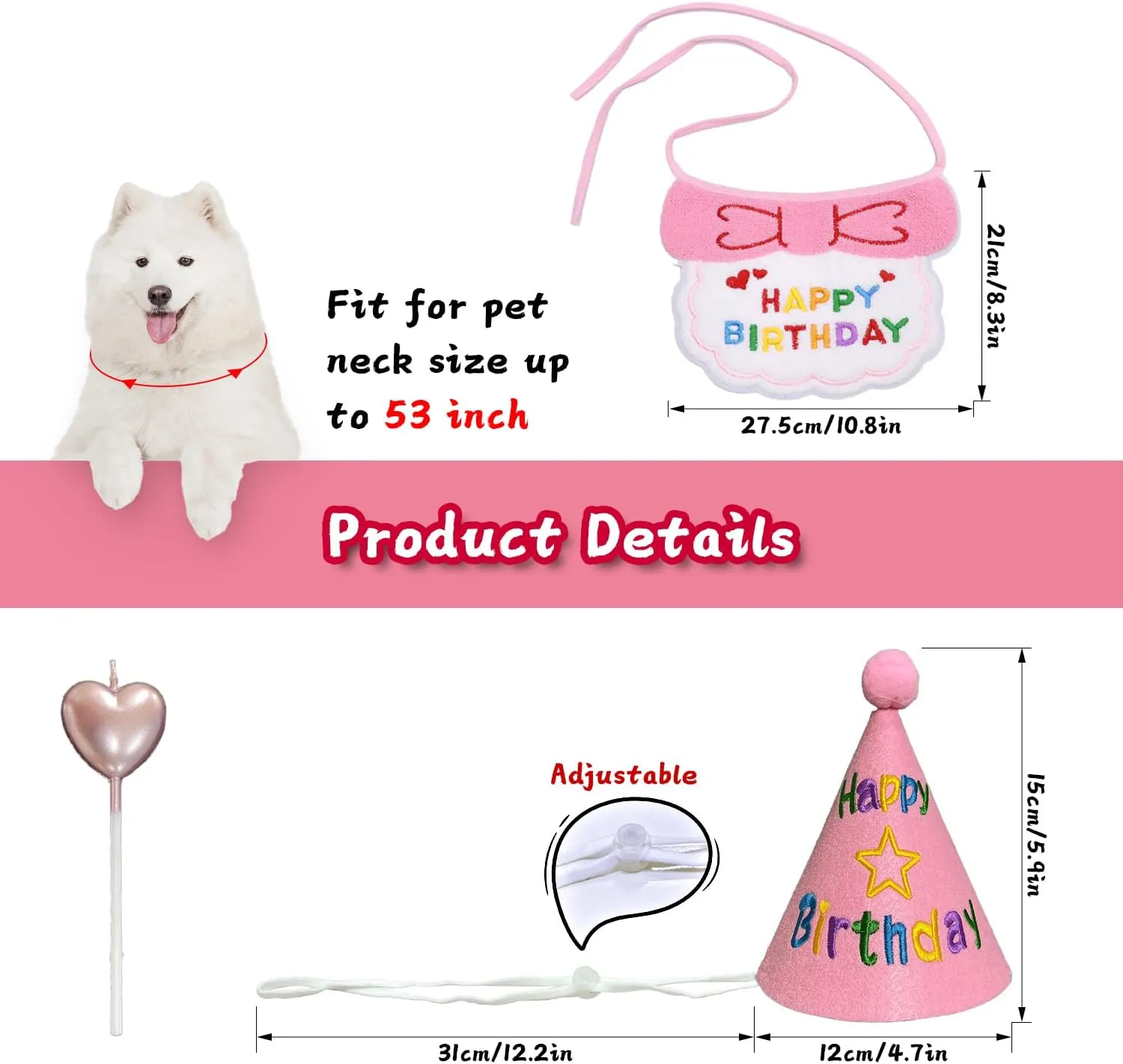 Birthday Dog Hat and Bib Set, Multiple Color Offered Animal Bandanas for Small Medium Large Dogs, Cat Puppy Bids Party Supplies, Stylish Plaid Pets Birthday Gift (Pink)