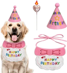 Birthday Dog Hat and Bib Set, Multiple Color Offered Animal Bandanas for Small Medium Large Dogs, Cat Puppy Bids Party Supplies, Stylish Plaid Pets Birthday Gift (Pink)
