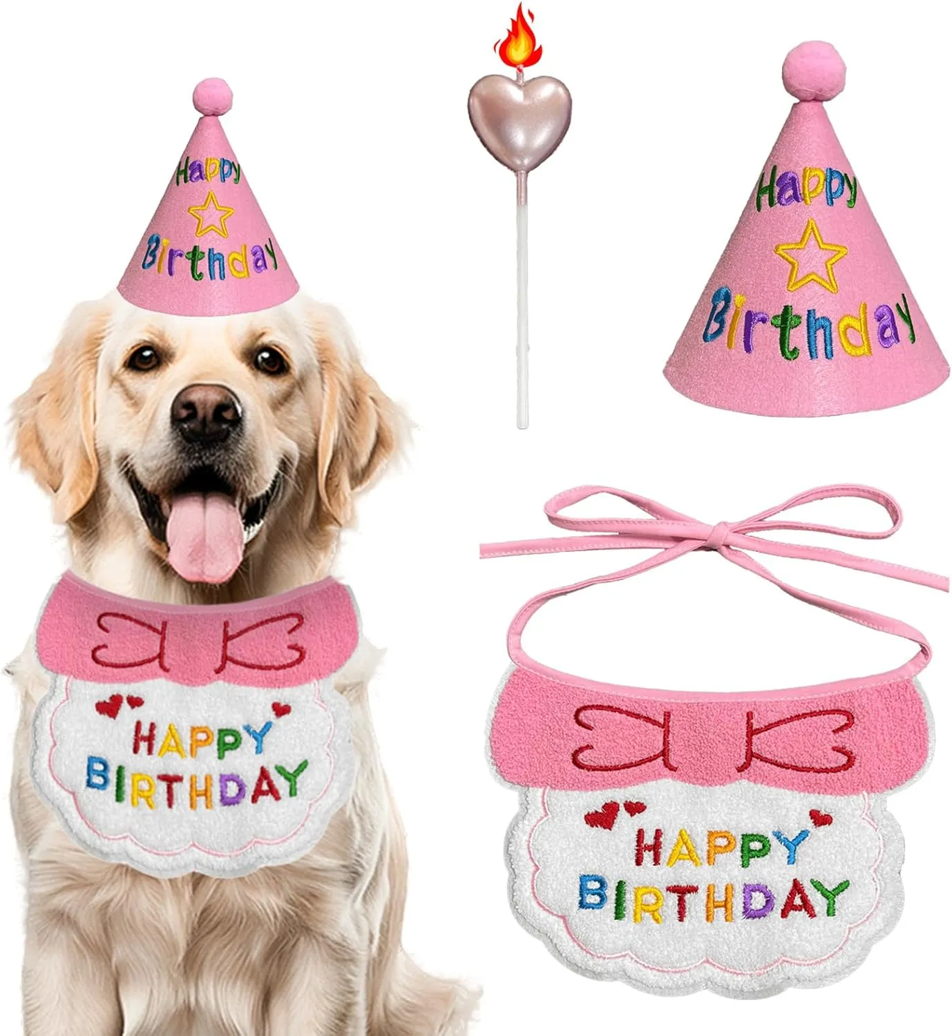 Birthday Dog Hat and Bib Set, Multiple Color Offered Animal Bandanas for Small Medium Large Dogs, Cat Puppy Bids Party Supplies, Stylish Plaid Pets Birthday Gift (Pink)