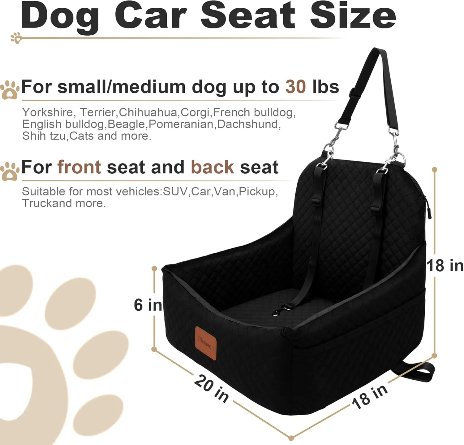 Car Dog Seat with 2 Safety Leashes,Dog Car Booster Seat for Small Medium Dogs 0-28lbs,Pet Car Travel Safety Bed with Storage Pockets,Non-Slip Bottom,Fully Detachable and Easy to Install(S1-Black)