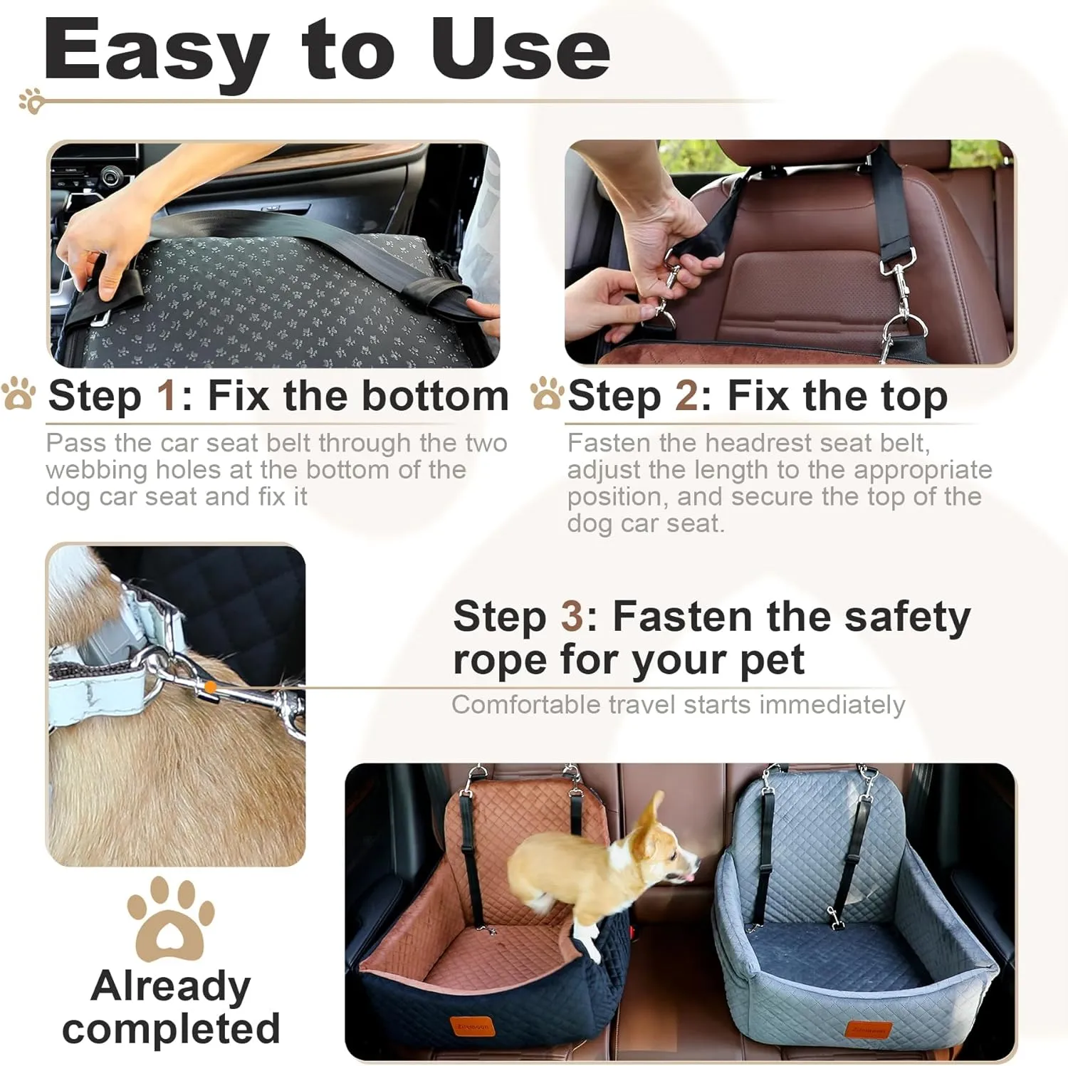 Car Dog Seat with 2 Safety Leashes,Dog Car Booster Seat for Small Medium Dogs 0-28lbs,Pet Car Travel Safety Bed with Storage Pockets,Non-Slip Bottom,Fully Detachable and Easy to Install(S1-Black)
