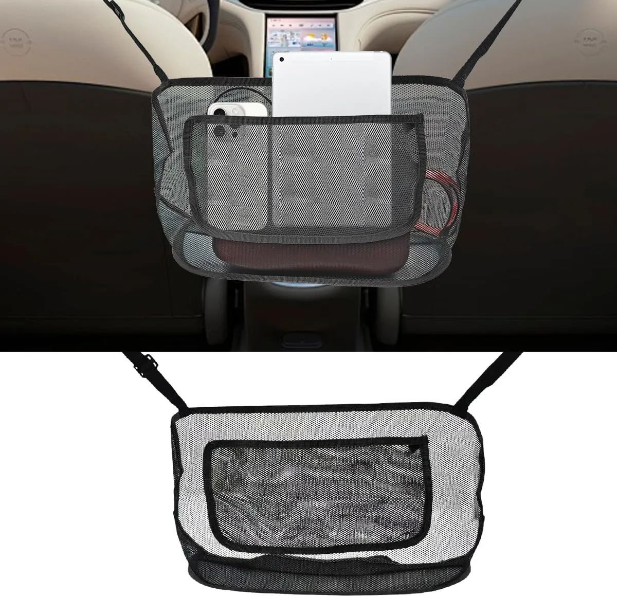Car Purse Holder Between Seats, Net Pocket Handbag Holder for Cars, Car Mesh Organizer, Universal Auto Storege Bag Accessory for Phone Document, Barrier of Backseat Pet Kids (Black)