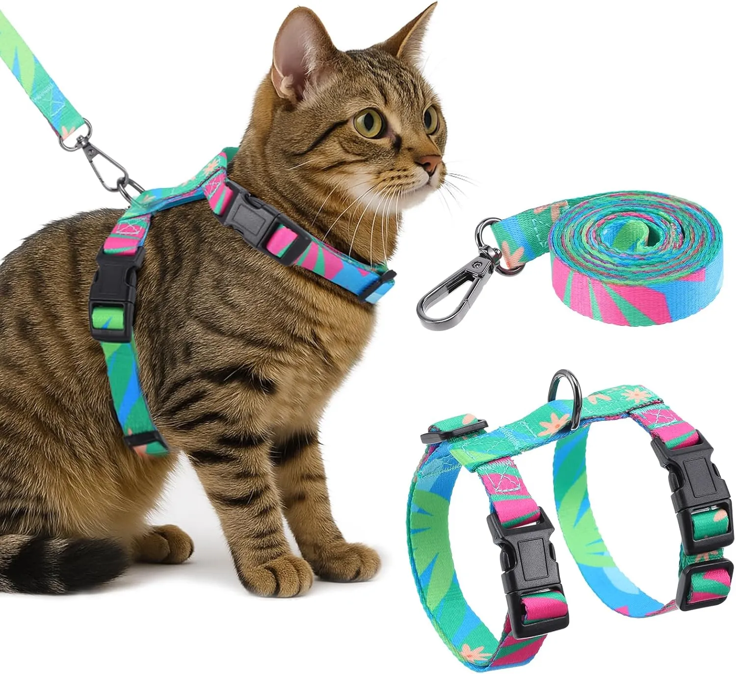 Cat Harness and Leash Set, Adjustable Soft Cats Escape Proof Kitten Harness, Lightweight Comfortable Vest Harness for Small, Medium, Large Cat, Safe, Easy to Wear, Walking Travel Outdoor