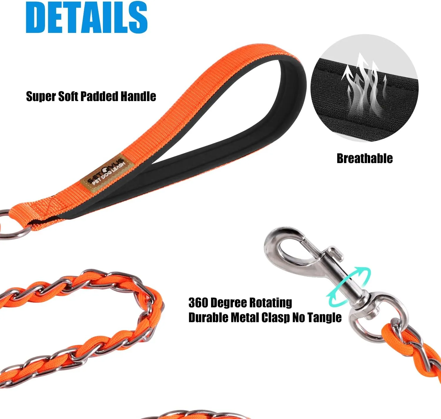 Chew Proof Metal Dog Leash for Medium Large Dogs, Chain Link Anti Chew 4FT Strong Anti Bite Dog Leash Comfortable Soft Padded Handle Orange