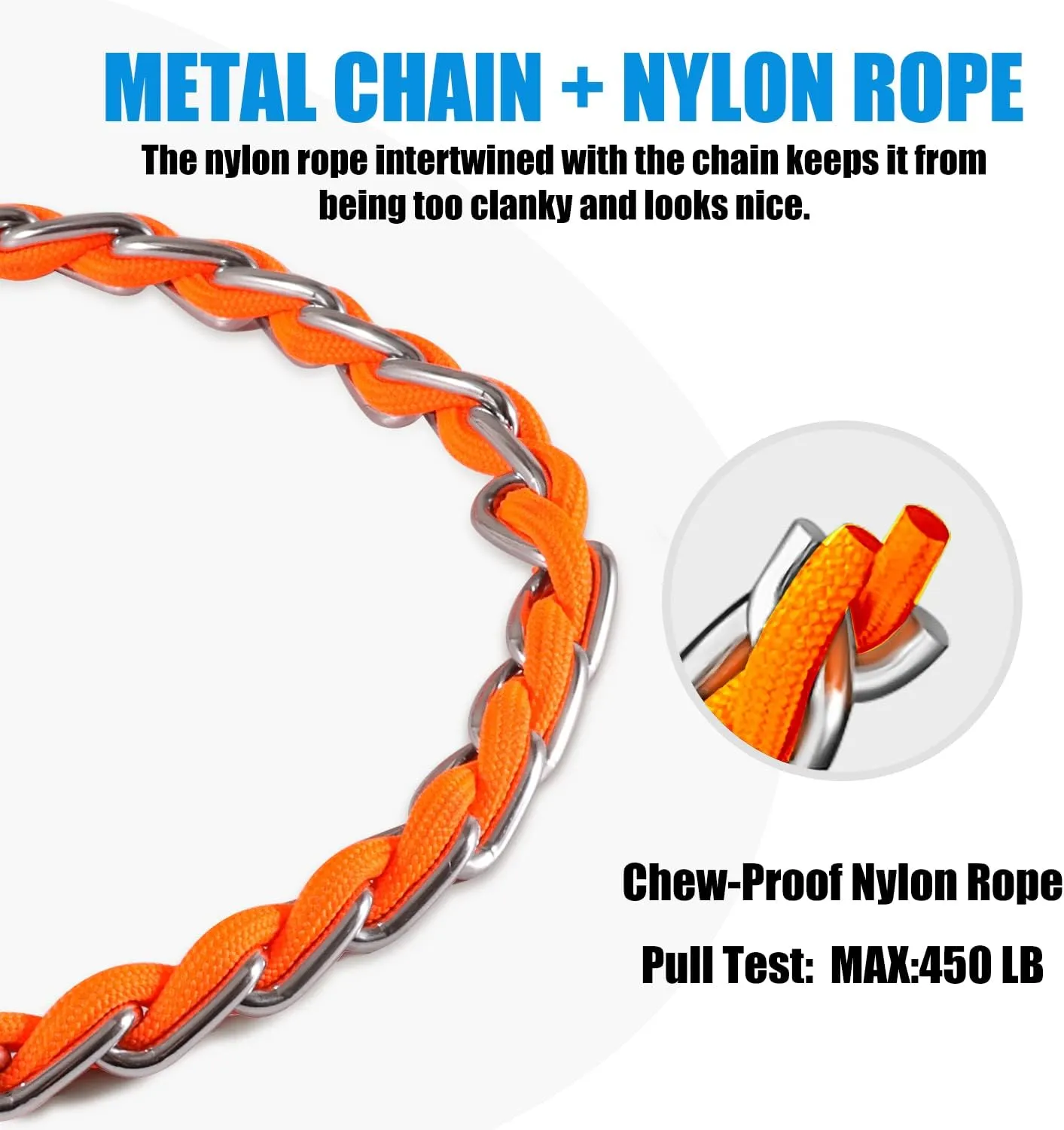 Chew Proof Metal Dog Leash for Medium Large Dogs, Chain Link Anti Chew 4FT Strong Anti Bite Dog Leash Comfortable Soft Padded Handle Orange