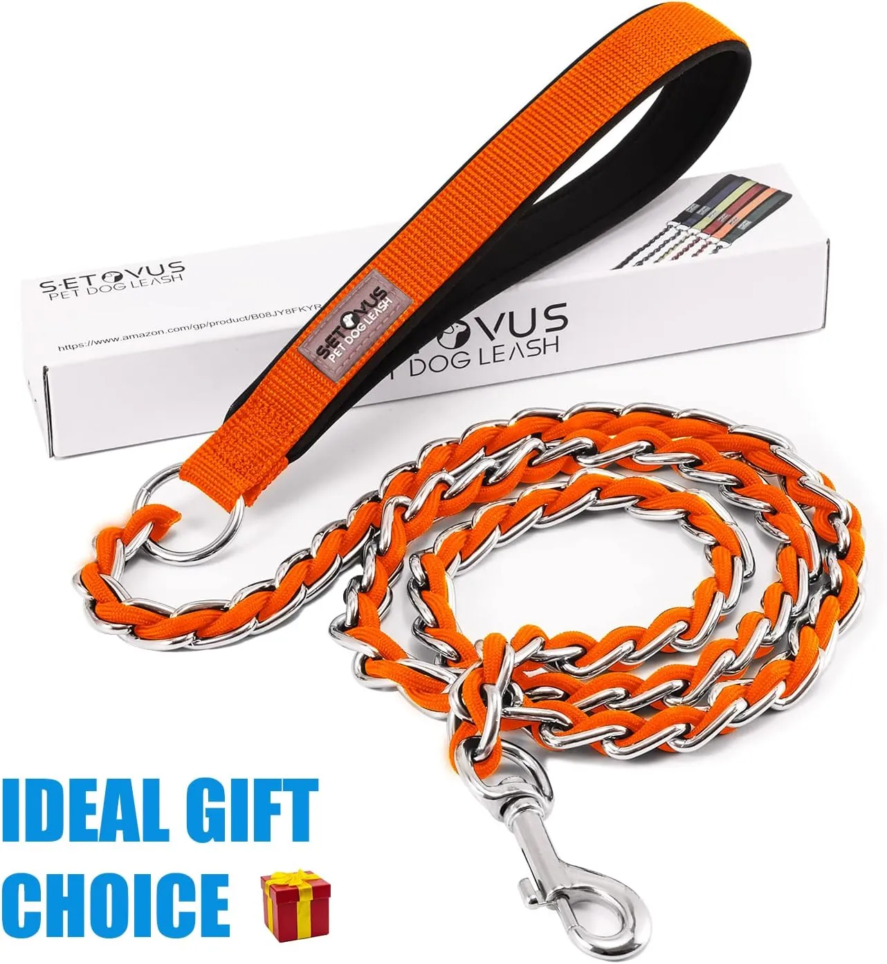 Chew Proof Metal Dog Leash for Medium Large Dogs, Chain Link Anti Chew 4FT Strong Anti Bite Dog Leash Comfortable Soft Padded Handle Orange