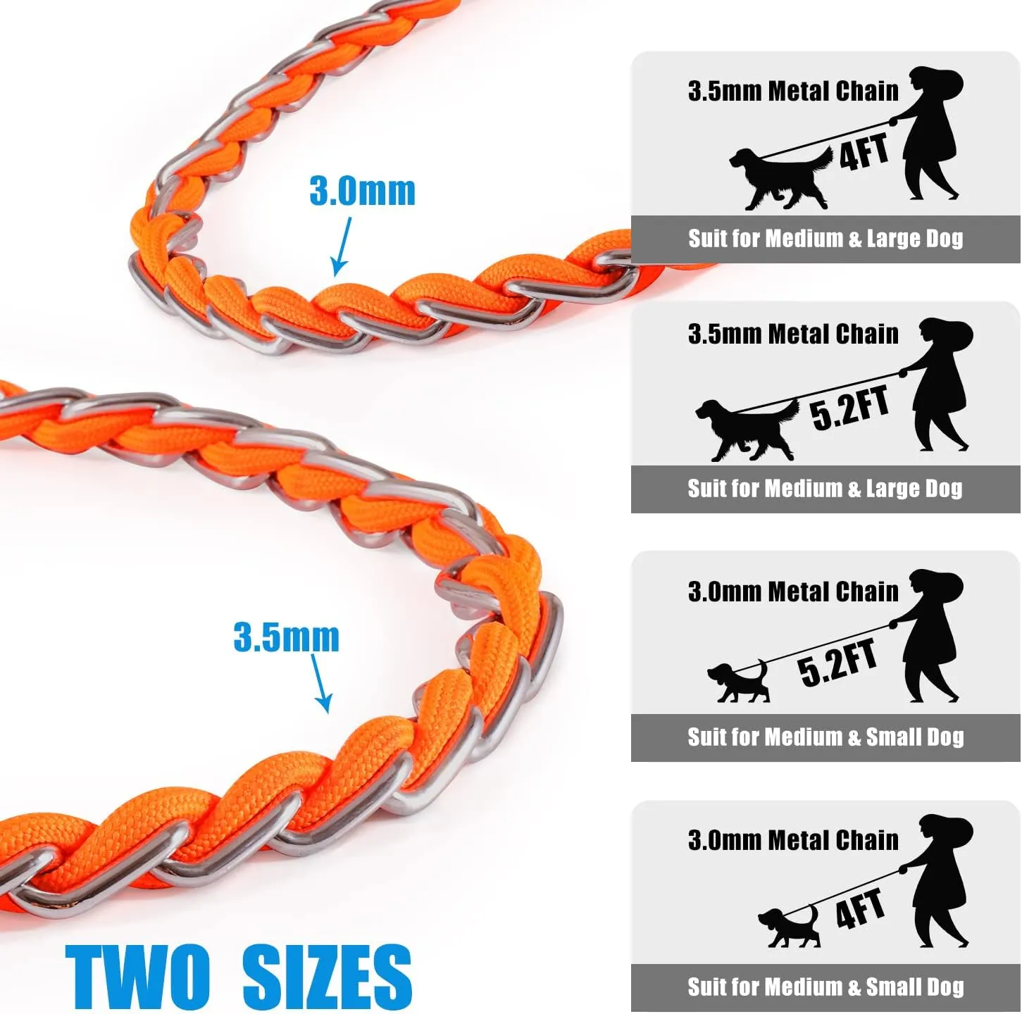 Chew Proof Metal Dog Leash for Medium Large Dogs, Chain Link Anti Chew 4FT Strong Anti Bite Dog Leash Comfortable Soft Padded Handle Orange