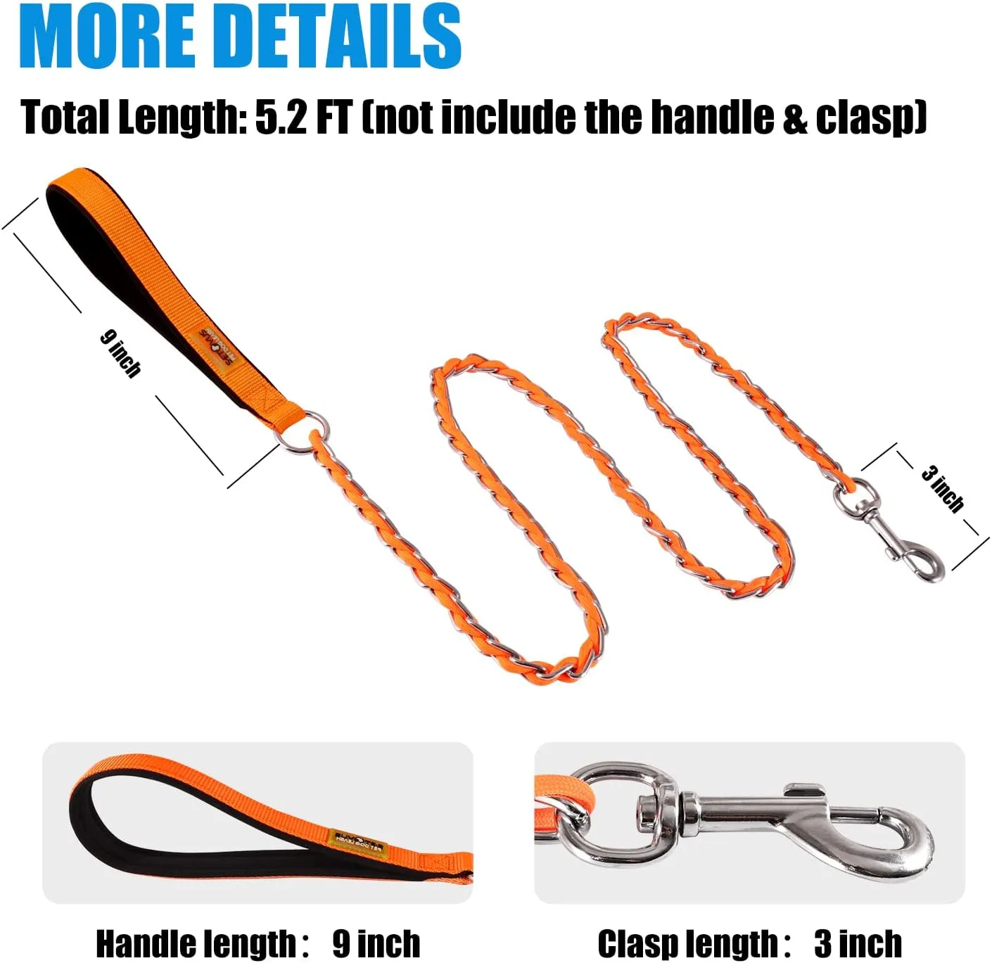 Chew Proof Metal Dog Leash for Medium Large Dogs, Chain Link Anti Chew 4FT Strong Anti Bite Dog Leash Comfortable Soft Padded Handle Orange