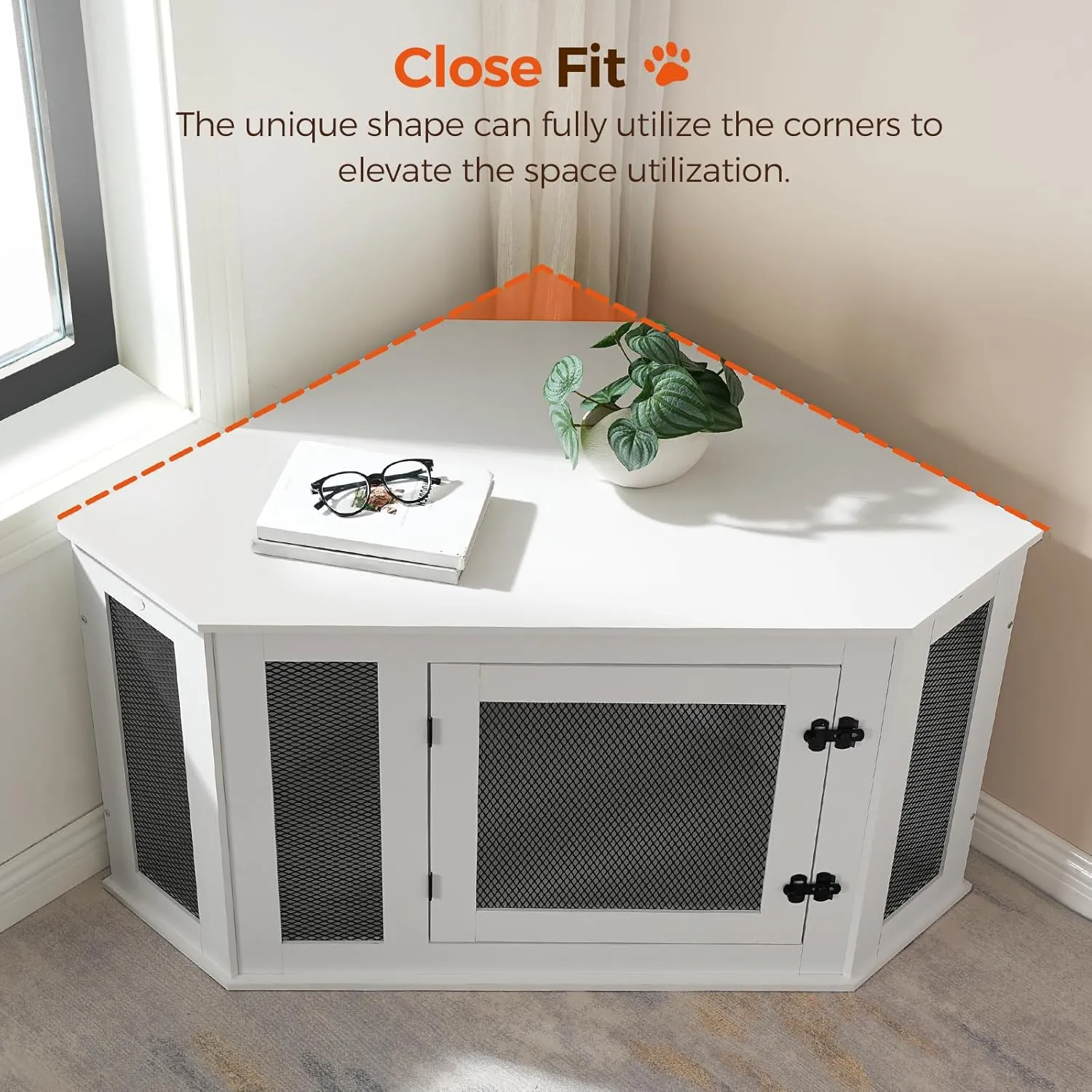 Corner Dog Crate Furniture, Wooden Dog Kennel End Table, Decorative Pet Crate Indoor Use, Furniture Style Dog House for Small Medium Dog, Dog Cage TV Stand, White and Black DCWT0801