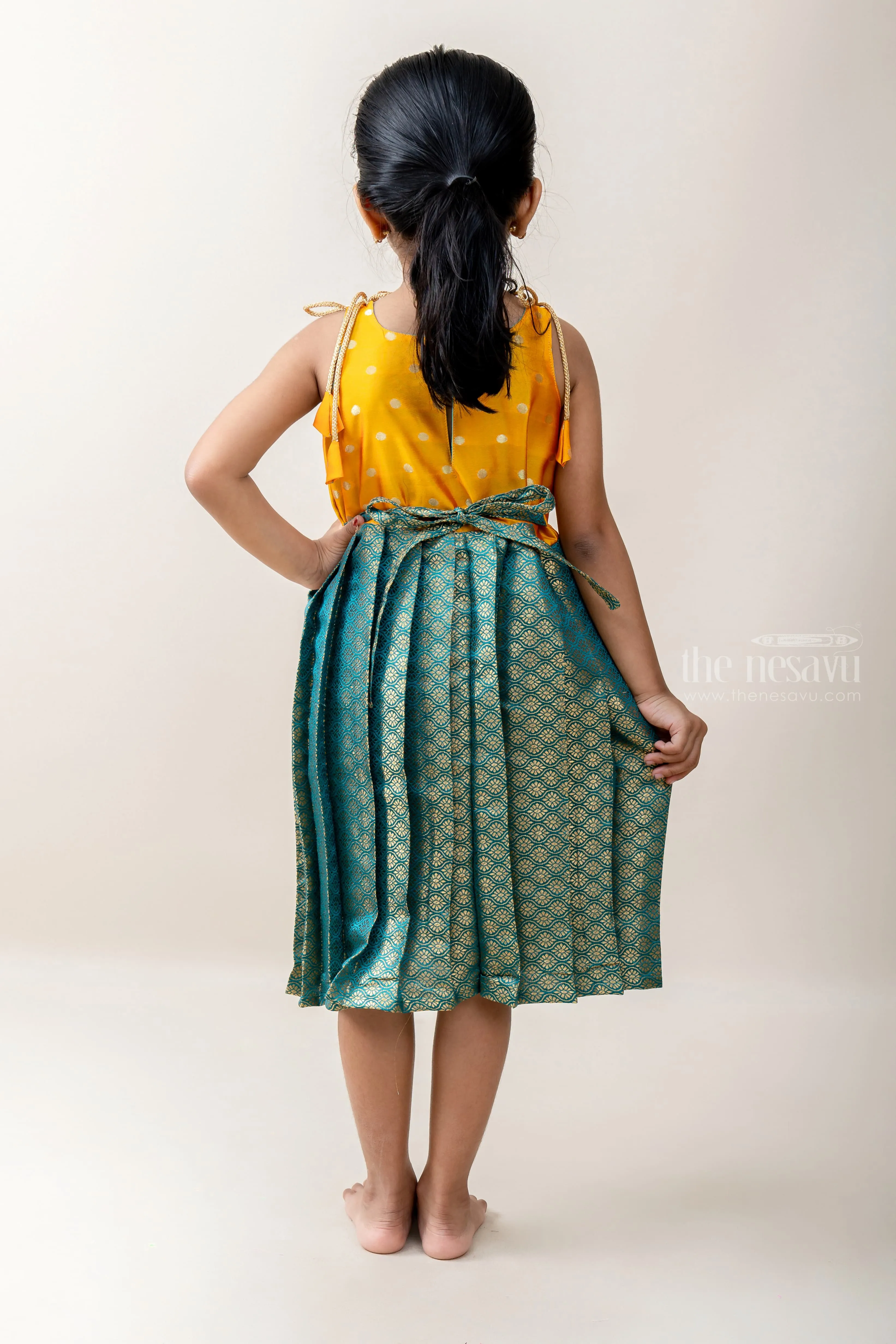 Dark Seagreen Banarasi Brocade Silk With Yellow Yoke Tie UP Frock.
