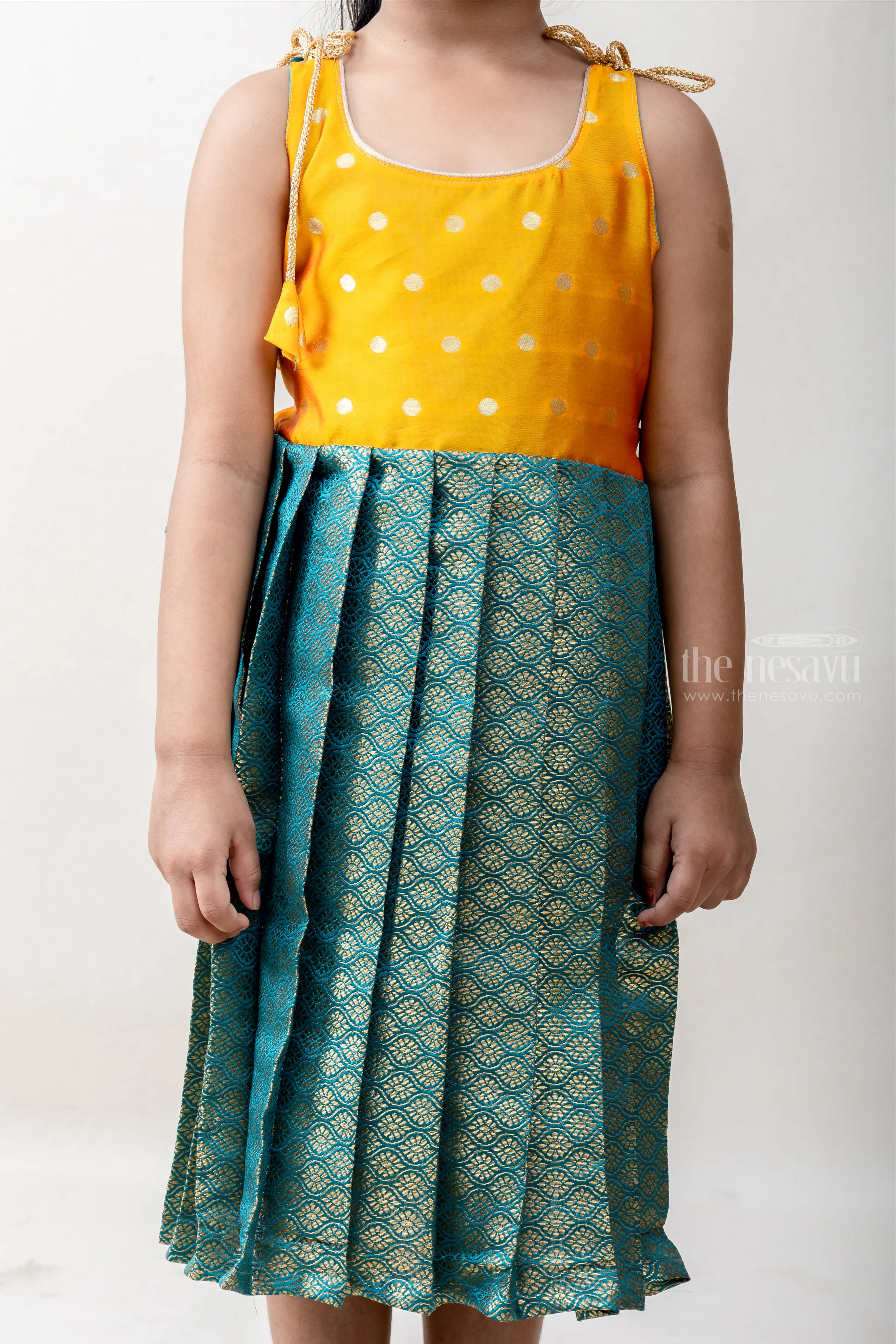 Dark Seagreen Banarasi Brocade Silk With Yellow Yoke Tie UP Frock.