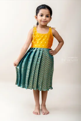 Dark Seagreen Banarasi Brocade Silk With Yellow Yoke Tie UP Frock.