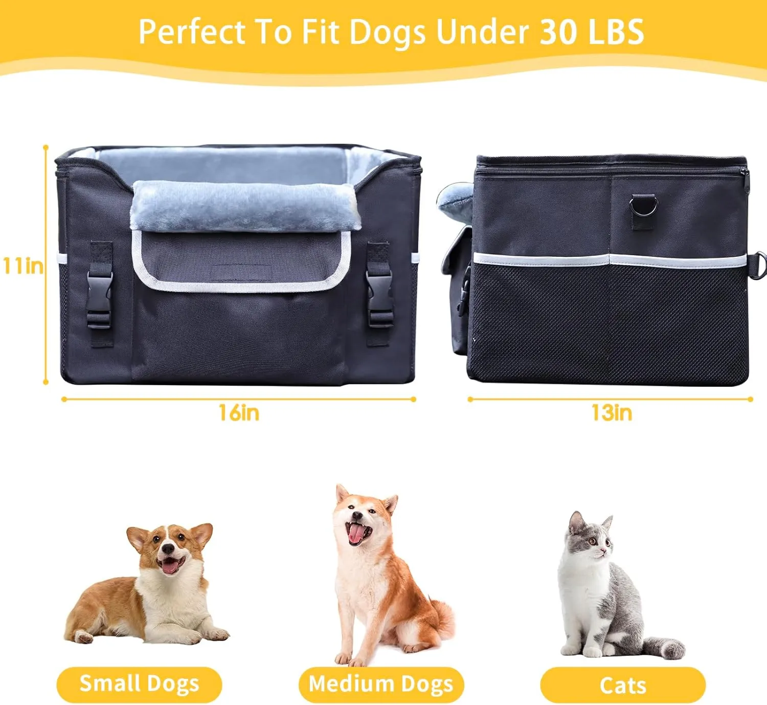 Dog Car Seat for Small Dogs, Dog Booster Seat for Front and Back Seats with Safety Leash & Adjustable Safety Strap, Puppy Portable Pet Car Seat Perfect for Small Pets Up to 30lbs (Black)