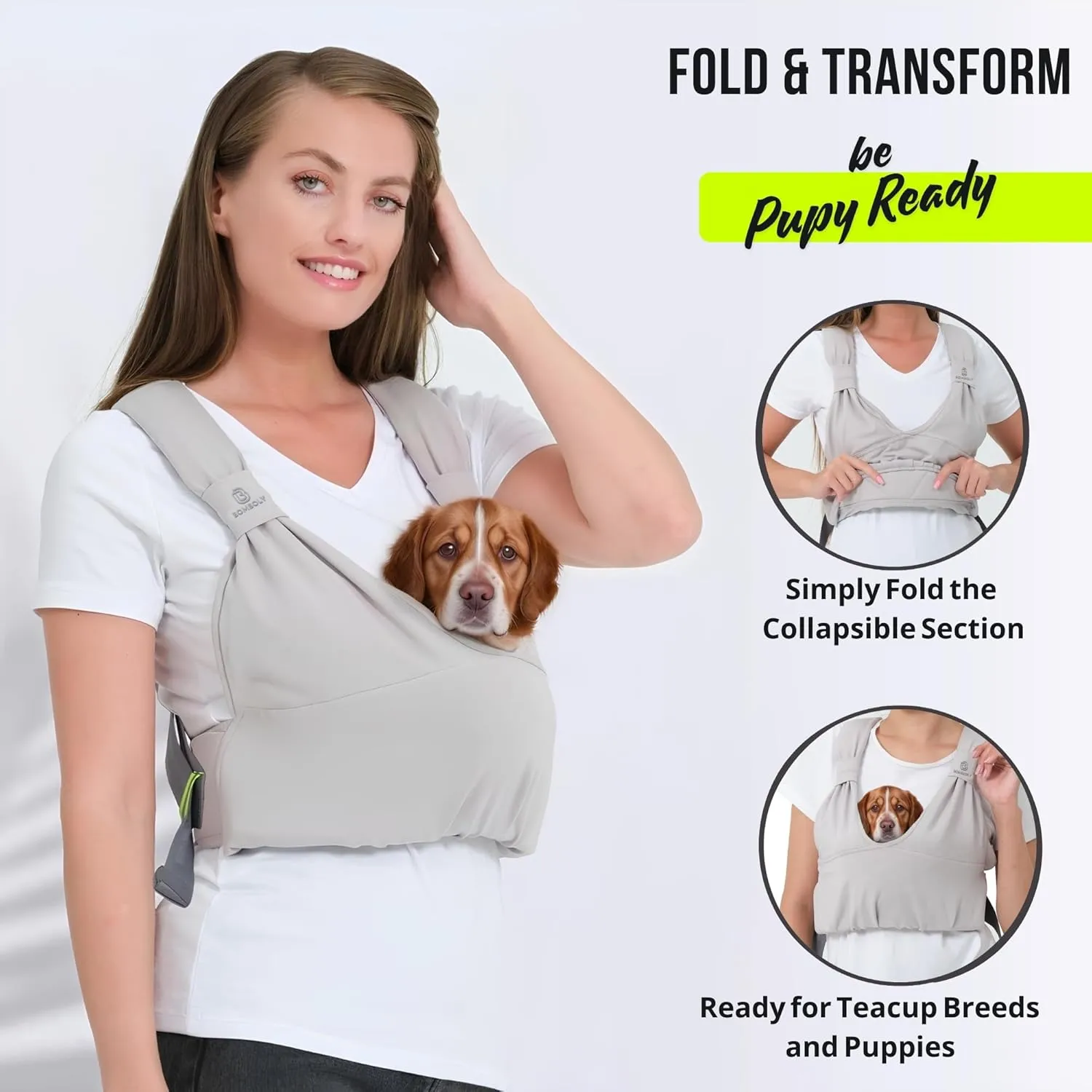 Dog Carrier for Small Dogs, Front Facing Dog Sling Carrier for Small Dog & Puppy, Hands Free Pet Carrier Sling, Soft Cotton, Anxiety Relief Swaddle Wrap, Size Adjustable, Light Grey