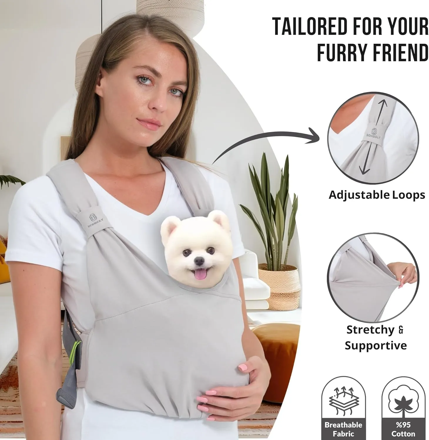 Dog Carrier for Small Dogs, Front Facing Dog Sling Carrier for Small Dog & Puppy, Hands Free Pet Carrier Sling, Soft Cotton, Anxiety Relief Swaddle Wrap, Size Adjustable, Light Grey