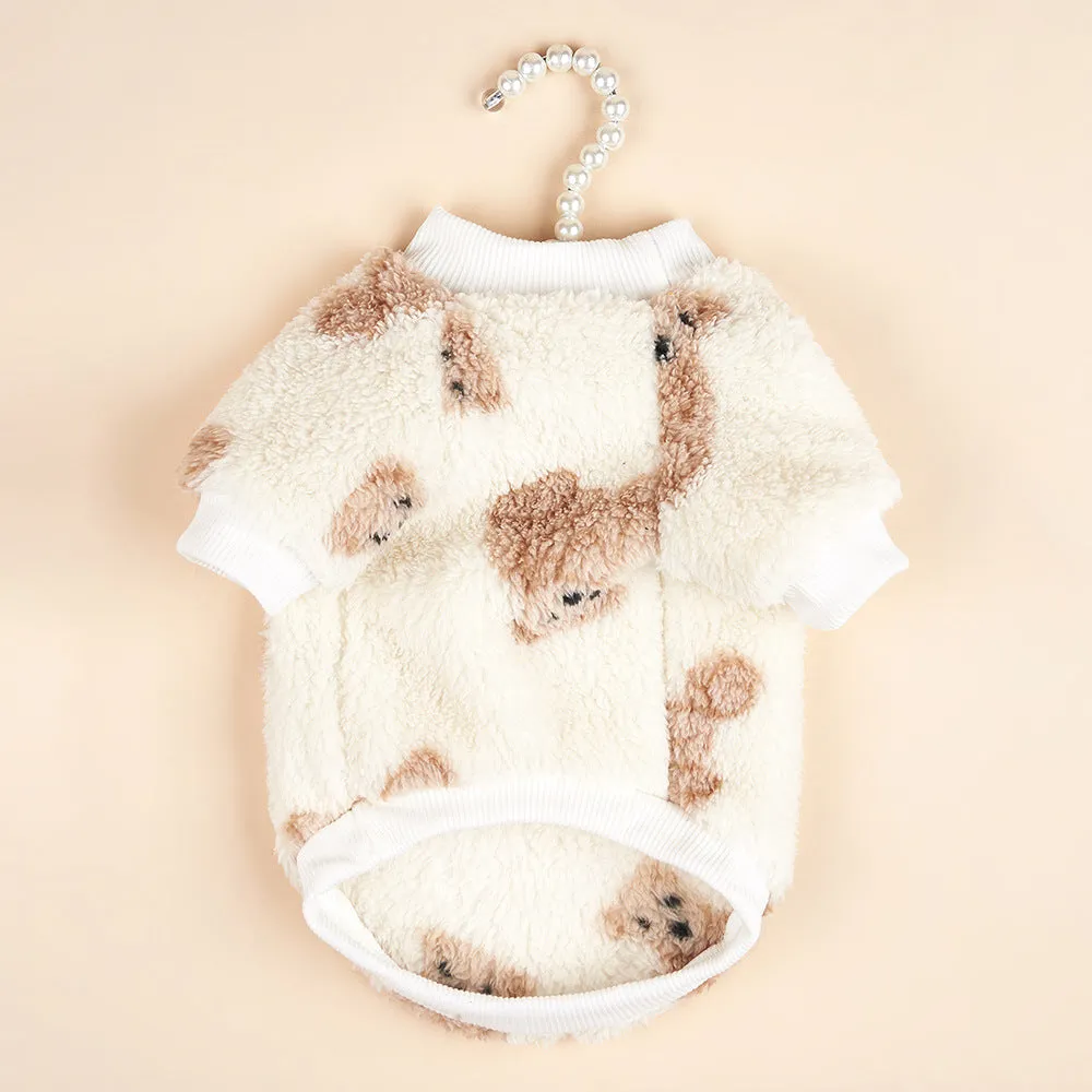 Dog Clothes INS Style Cute Bear Print | Plush Sweatshirt for Autumn & Winter Cold Protection | Warm Pet Clothes