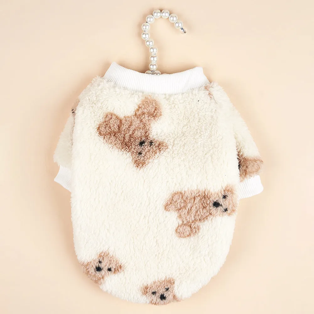 Dog Clothes INS Style Cute Bear Print | Plush Sweatshirt for Autumn & Winter Cold Protection | Warm Pet Clothes