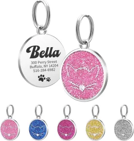 Dog Tags Personalized for Pets, Custom Pet ID Tags for Cats & Small Dogs  Glittering Engraved Stainless Steel Name Tag, Personalized Round Collar Tags with Pet Name & Phone (Light Pink)