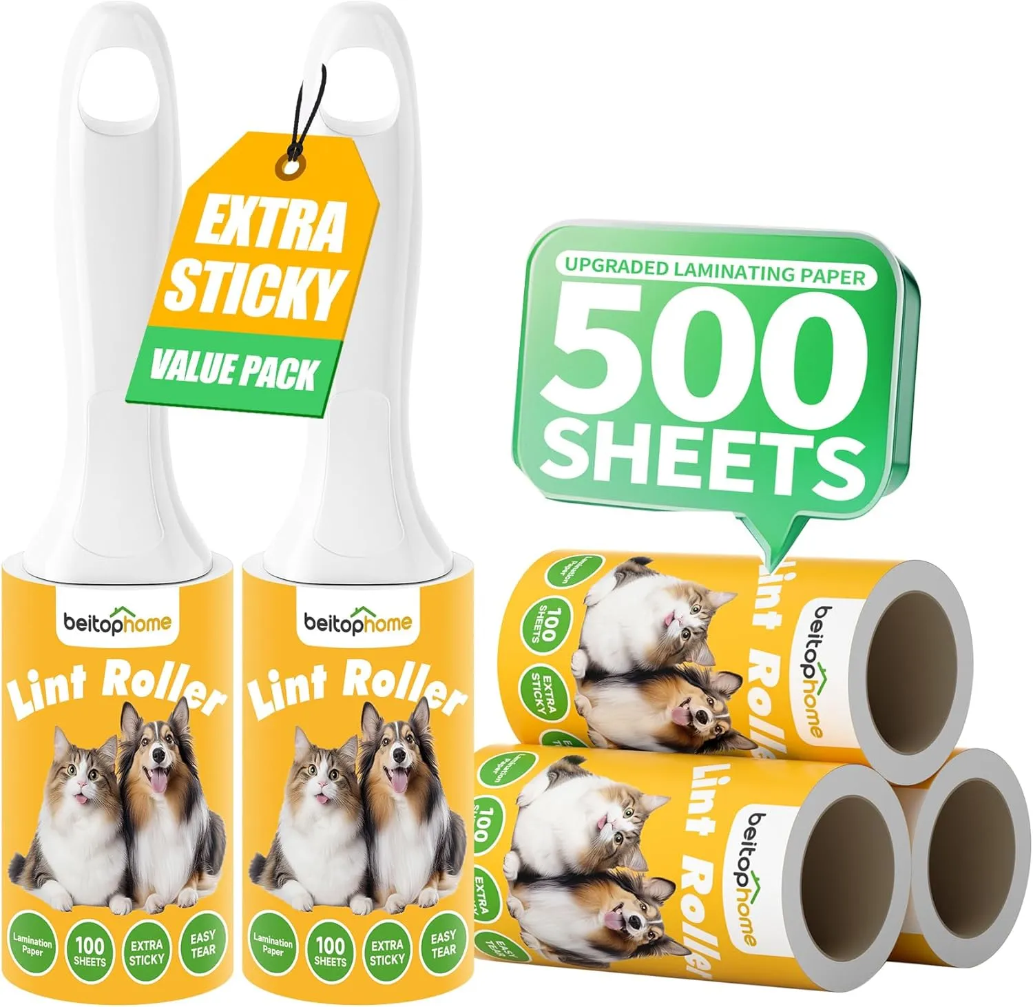 Extra Sticky Lint Roller for Pet Hair, 500 Sheets with Reinforced 2 Handles and Tough Paper, Perfect for Dog and Cat Hair Removal, Ideal for Clothes, Carpet, and Dust Cleaning Mega Value Set