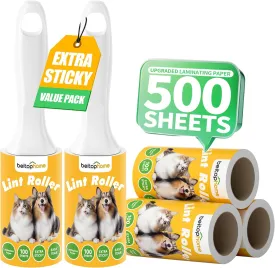 Extra Sticky Lint Roller for Pet Hair, 500 Sheets with Reinforced 2 Handles and Tough Paper, Perfect for Dog and Cat Hair Removal, Ideal for Clothes, Carpet, and Dust Cleaning Mega Value Set