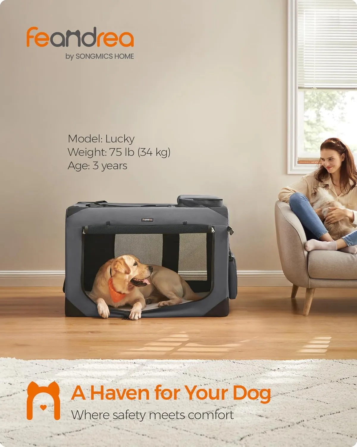 Feandrea 40 Inches Collapsible Soft Dog Crate, Portable Travel Dog Crate for Indoor and Outdoor Use, Dog Carrier Kennel with Safety Zippers, for Living Room, Car, Travelling, Camping, Gray UPDC10G01
