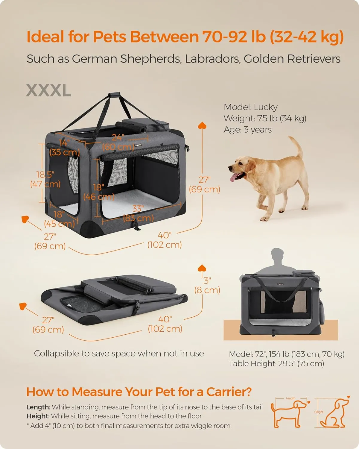 Feandrea 40 Inches Collapsible Soft Dog Crate, Portable Travel Dog Crate for Indoor and Outdoor Use, Dog Carrier Kennel with Safety Zippers, for Living Room, Car, Travelling, Camping, Gray UPDC10G01
