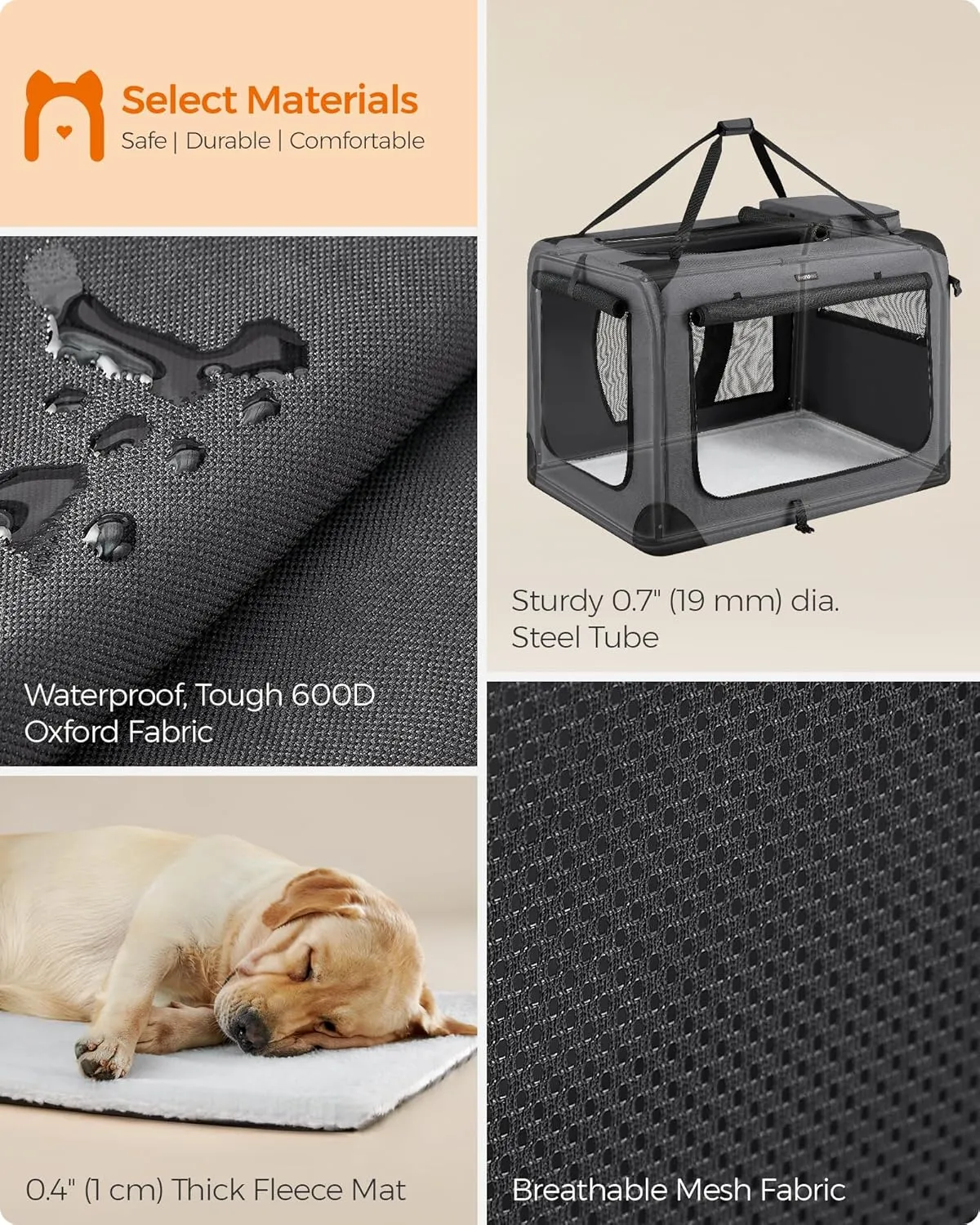 Feandrea 40 Inches Collapsible Soft Dog Crate, Portable Travel Dog Crate for Indoor and Outdoor Use, Dog Carrier Kennel with Safety Zippers, for Living Room, Car, Travelling, Camping, Gray UPDC10G01