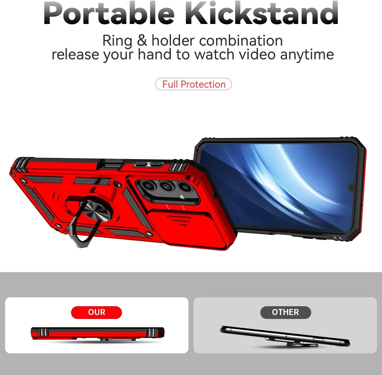 for Samsung Galaxy A25 5G Case,with Screen Protectors and Camera Cover,[Military Grade] 16ft.Drop Tested Cover with Magnetic Kickstand Protective Case for Samsung A25 5G, Red