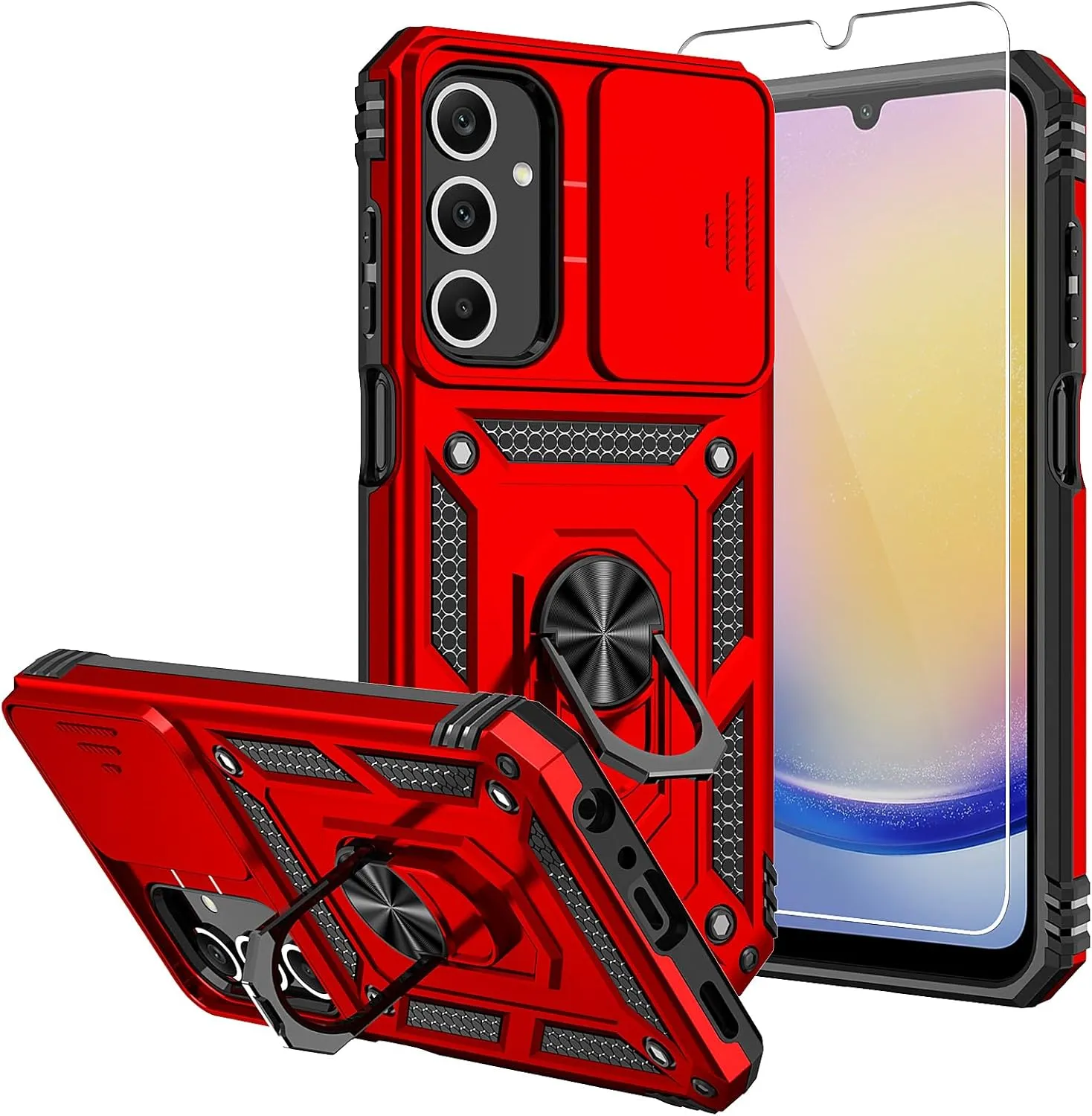 for Samsung Galaxy A25 5G Case,with Screen Protectors and Camera Cover,[Military Grade] 16ft.Drop Tested Cover with Magnetic Kickstand Protective Case for Samsung A25 5G, Red