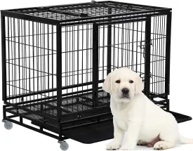 HGS 36-in Dog Crate Metal Dog Cage Heavy Duty Kennel for Large Dogs Pet Playpen for Training, Indoor Outdoor Dog Crate with Lockable Wheels, 2 Doors and Removable Tray, Black