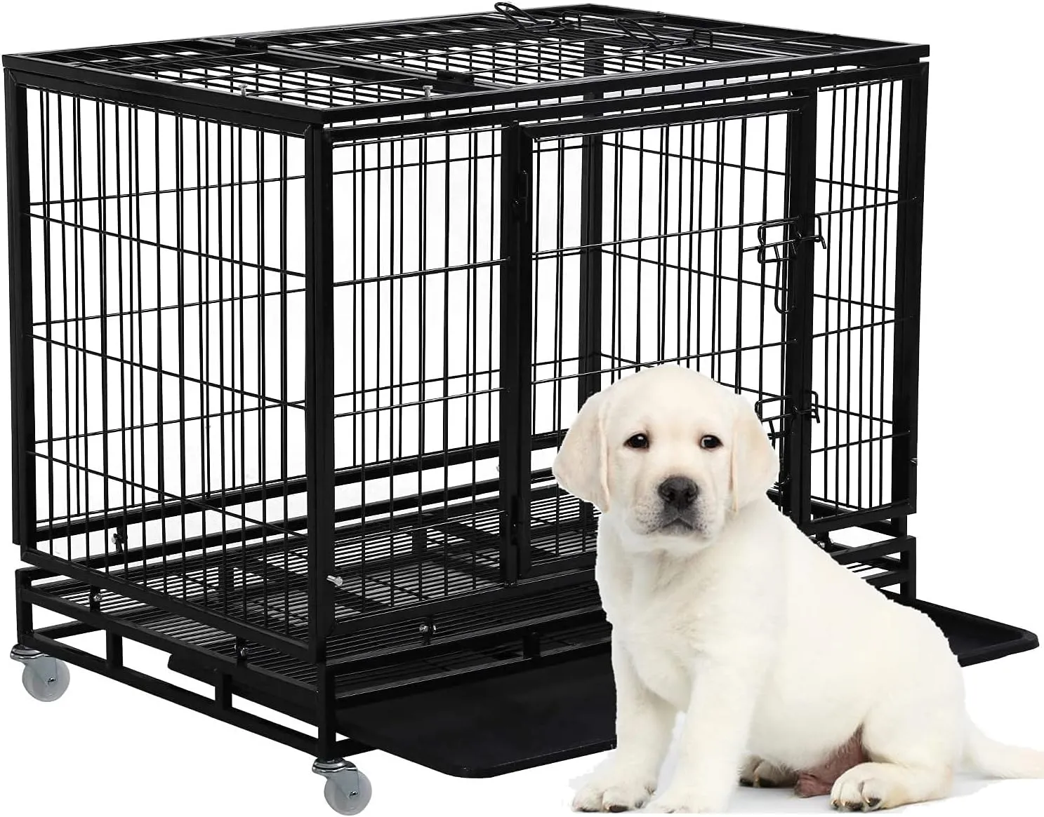 HGS 36-in Dog Crate Metal Dog Cage Heavy Duty Kennel for Large Dogs Pet Playpen for Training, Indoor Outdoor Dog Crate with Lockable Wheels, 2 Doors and Removable Tray, Black