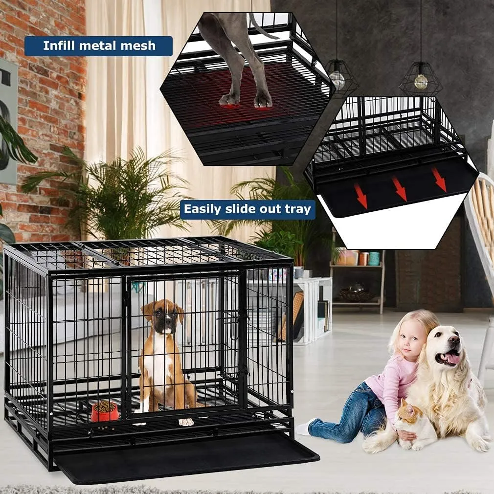 HGS 36-in Dog Crate Metal Dog Cage Heavy Duty Kennel for Large Dogs Pet Playpen for Training, Indoor Outdoor Dog Crate with Lockable Wheels, 2 Doors and Removable Tray, Black