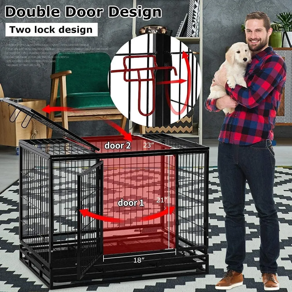 HGS 36-in Dog Crate Metal Dog Cage Heavy Duty Kennel for Large Dogs Pet Playpen for Training, Indoor Outdoor Dog Crate with Lockable Wheels, 2 Doors and Removable Tray, Black