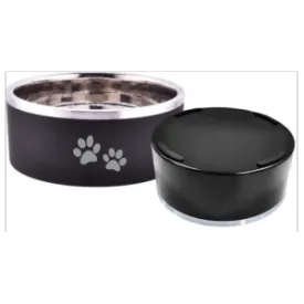 Indipets Black Insulated Bowl With Paw Prints Feeder