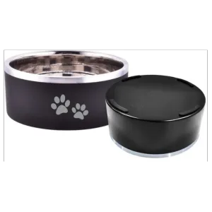 Indipets Black Insulated Bowl With Paw Prints Feeder