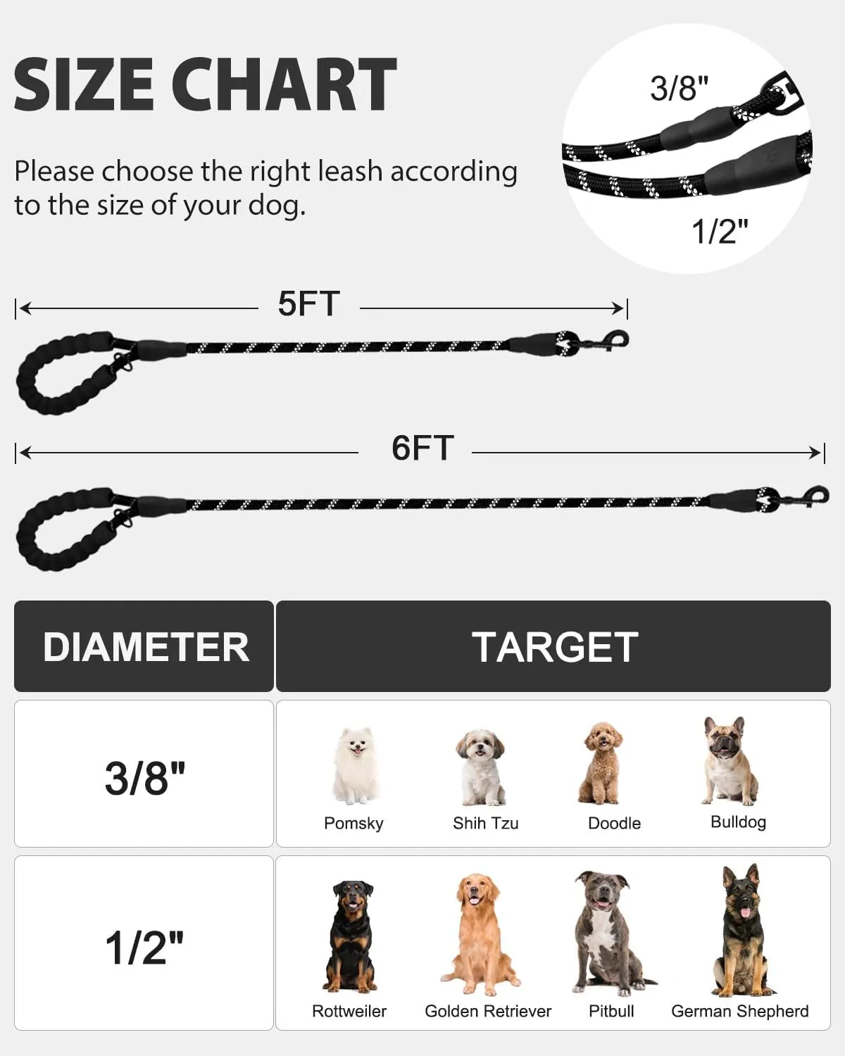 Joytale Reflective Dog Leash, Heavy Duty Nylon Rope with Poop Bag Holder, Highly Reflective Threads Leashes for Medium Large Dogs, Black, 6'1/2''