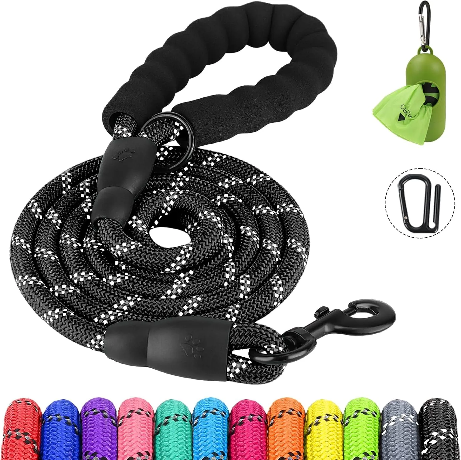 Joytale Reflective Dog Leash, Heavy Duty Nylon Rope with Poop Bag Holder, Highly Reflective Threads Leashes for Medium Large Dogs, Black, 6'1/2''