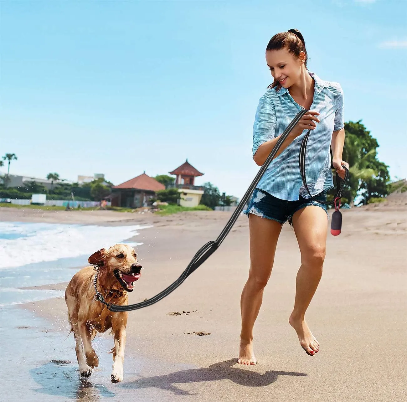 JSXD Heavy Duty Double Handle Dog Leash - 5 FT with Comfortable Padded and Reflective Rope, Suitable for Small to Large Dogs (Wide-Black)