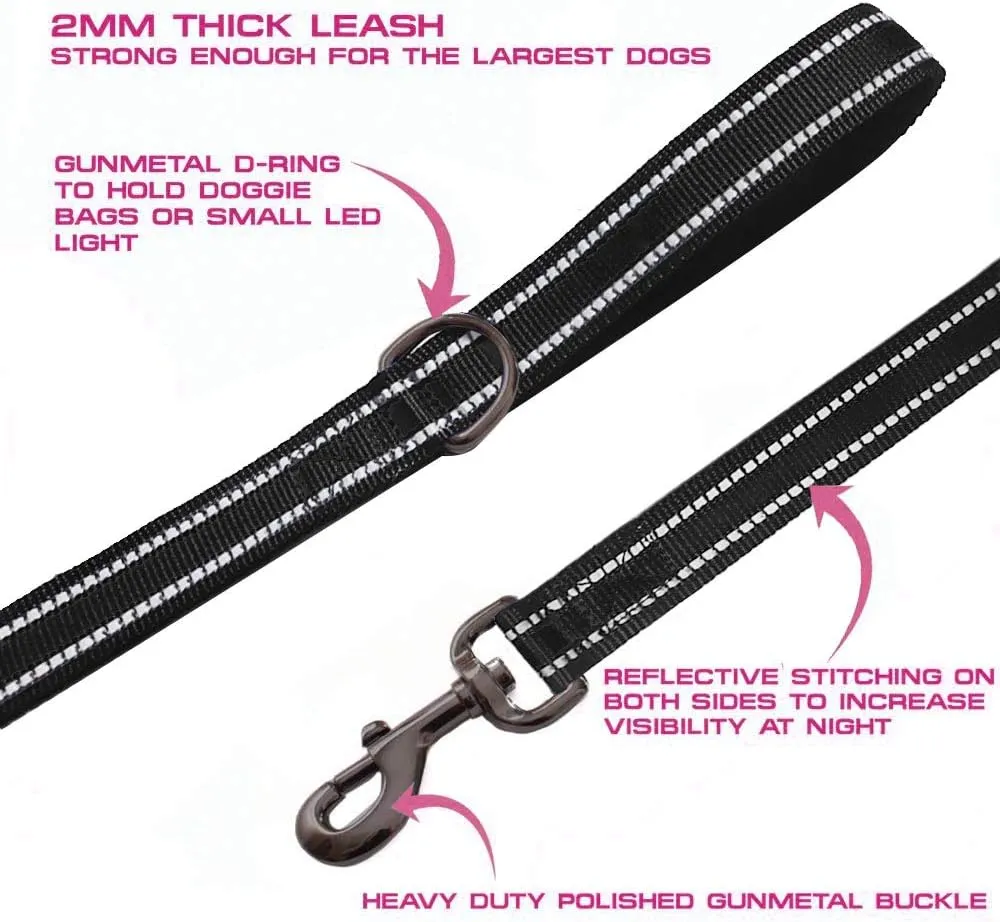 JSXD Heavy Duty Double Handle Dog Leash - 5 FT with Comfortable Padded and Reflective Rope, Suitable for Small to Large Dogs (Wide-Black)