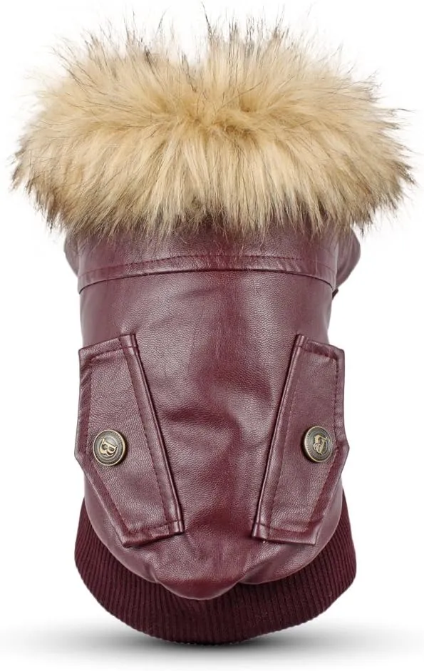 LESYPET Dog Leather Jacket for Small Dogs, Small Dog Jacket Dog Coat Double Layer with Warm Fleece Lined for Small Dogs Puppy Cat, Red Medium
