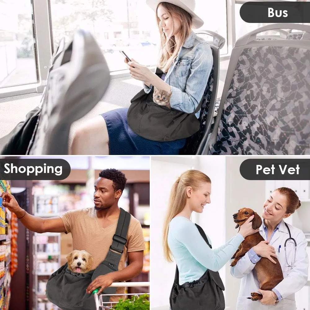 Lukovee Dog Sling Carrier, Hard Bottom Support & Adjustable Soft Padded Shoudler Strap Dog Slings for Small Dogs, Dog Purse with Drawstring Mesh Opening & Zipper Pockets for Puppy Cat Pet (Grey)